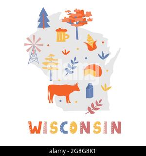 USA mappa raccolta. Simboli di stato e natura sulla silhouette grigia dello stato - Wisconsin. Cartone animato stile semplice per la stampa Illustrazione Vettoriale