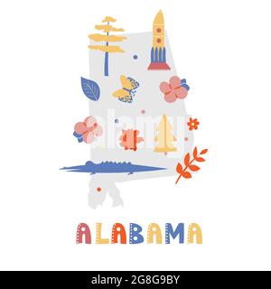 USA mappa raccolta. Simboli di stato e natura sulla silhouette grigia dello stato - Alabama. Cartone animato stile semplice per la stampa Illustrazione Vettoriale