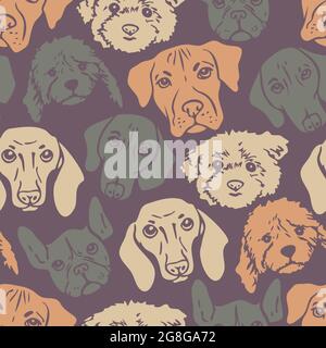 Vettore modello senza giunture con teste di cani di razze diverse. Design con silhouette di facce di cane. Illustrazione Vettoriale