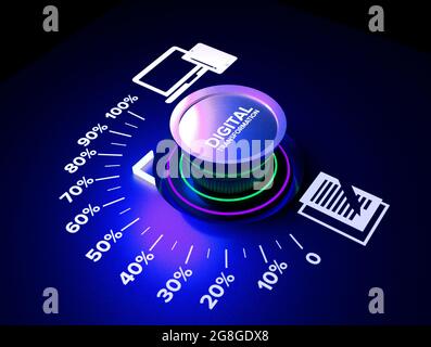 Trasformazione digitale con l'utilizzo di tecnologie informatiche per migliorare l'efficienza. Ruotare la manopola per aumentare la digitalizzazione dei dati. rendering 3d Foto Stock