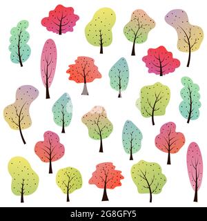 Grande collezione di cartoni animati decidui. Foresta da favola con piante di forme e colori diversi. Gradienti di trend. Disegno a mano e stile doodle. Illustrazione Vettoriale