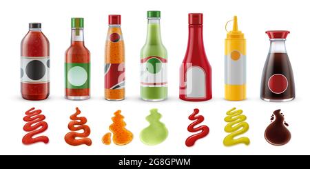 Salse realistiche in bottiglie. Peperoncino caldo, ketchup di pomodoro, guacamole, senape e salsa di soia in confezione di vetro e condimenti con vettore splash Illustrazione Vettoriale