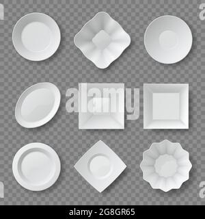 Piatti realistici. Piatti e ciotole bianchi rotondi e quadrati vuoti. Mockup 3d con piastra in ceramica e vista dall'alto. Set vettoriale per stoviglie da cucina pulite Illustrazione Vettoriale