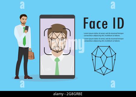 Uomo d'affari con telefono cellulare in mano, uomo faccia su grande schermo smartphone, Face id concetto sfondo, riconoscimento personalità, luogo per il testo, vettore illus Illustrazione Vettoriale