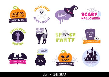 Logo di Halloween. Trucco o trattare etichette e adesivi per una vacanza spaventosa con zucche, teschi e fantasma. Set di badge Happy Halloween party Illustrazione Vettoriale