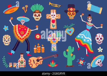 Giorno di elementi morti. Personaggi scheletrici in abiti messicani, teschio di zucchero, sombrero, cactus e tequila. Insieme vettore di parte dia de los Muertos Illustrazione Vettoriale
