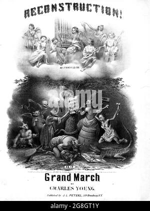 Reconstruction Grand March, 1868 post Civil War spartiti con litografia del cielo e dell'inferno, angoli e demoni come metafore per la ricostruzione. Foto Stock