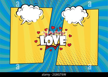 Love sfondo fumetto stile pop art design. Lettere, bolle vocali e posizione per l'illustrazione vettoriale text.Stock Illustrazione Vettoriale