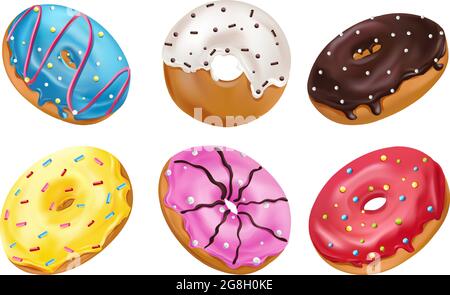 Ciambelle colorate con glassa rosa, cioccolato, blu, gialla e bianca e spruzzi. Ciambelle dolci su sfondo bianco. Icona realistica. Illustrazione vettoriale. Illustrazione Vettoriale