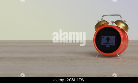 rendering 3d della sveglia a colori con simbolo della televisione con menu su schermo su display a punti su tavolo di legno con parete colorata Foto Stock