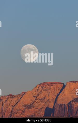 La luna piena che si erge sulle suggestive montagne del Parco Nazionale di Zion illuminata dal sole tramontante con un cielo limpido. Foto Stock