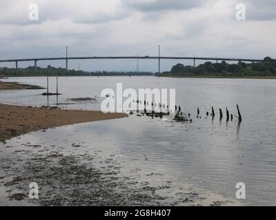 Inaugurato nel 1971, il ponte Erskine attraversa il fiume Clyde & Forth & Clyde Canal, ed è un esempio di 15 span di un ponte sospeso a trave. Foto Stock