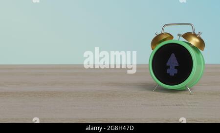 Rappresentazione 3d dell'orologio di allarme a colori con simbolo di zolfo in alchimia su display a punti su tavolo di legno con parete colorata Foto Stock