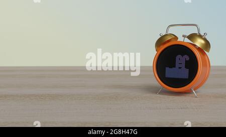 rappresentazione 3d di orologio a colori con simbolo di onde d'acqua della piscina con scala su display a punti su tavolo di legno con parete colorata Foto Stock