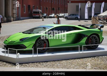 Modena, Italia, 1 luglio 2021 - Lamborghini Aventador SVJ dettaglio auto sportiva, Motor Valley Exhibition Foto Stock