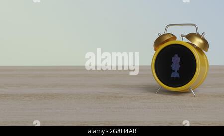 rendering 3d di orologio a colori con simbolo di manichino vintage figura donna su punto display su tavolo di legno con parete colorata Foto Stock