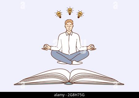 Avere un concetto creativo di idea aziendale. Giovane caucasico positivo calmo uomo d'affari cartoon carattere seduto sul pavimento meditando con grandi idee in testa e lampadine sopra illustrazione vettoriale Illustrazione Vettoriale