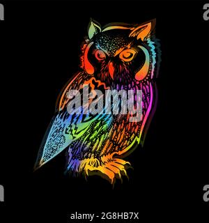 Illustrazione originale di gufo, disegno a mano dell'inchiostro in stile etnico, illustrazione vettoriale in multicolore . Supporti misti. Illustrazione vettoriale Illustrazione Vettoriale
