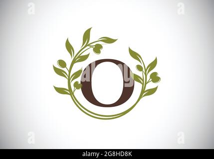 Lettera iniziale o segno simbolo con corona di ramificazione di olive. Cornice floreale rotonda realizzata dal ramo d'oliva. Logo del settore agricolo Illustrazione Vettoriale