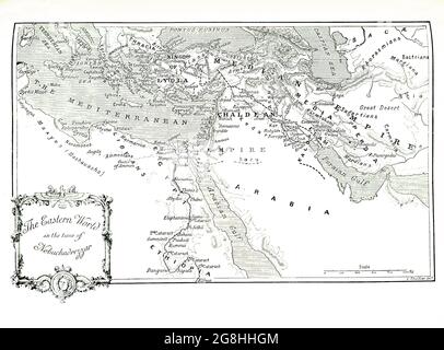 Questa illustrazione del 1903 mostra una mappa del mondo orientale al tempo di Nebuchadrezzar. Nebucadnetsar re di Babilonia 605-562 a.C. decise di rendere la sua capitale Babilonia la più bella del mondo. È conosciuto per la zona del suo palazzo a Babilonia che è venuto per essere conosciuto come i giardini pensili ed è stato considerato una delle sette meraviglie antiche del mondo. Gli studiosi differiscono per le loro dimensioni, ma gli scavi archeologici attestano un certo tipo di grandiosa struttura. Foto Stock