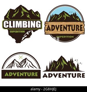 Camping Logo Set Design, Template, Outdoor Adventure, Montagne e Forest Expeditions. Collezioni di illustrazioni vettoriali di emblemi e distintivi d'epoca Illustrazione Vettoriale