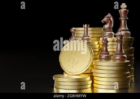 Scacchi di legno posti sulla cima di pile di monete d'oro impilate su uno sfondo nero scuro. Il concetto di pianificazione strategica nella lotta per la vittoria contro Foto Stock