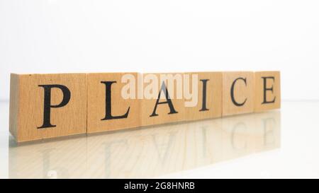 Il nome Plaice è stato creato da cubi di legno lettera. Frutti di mare e cibo. Primo piano. Foto Stock