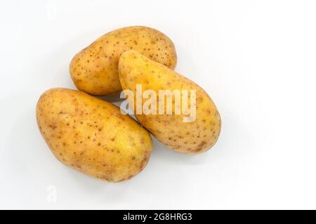 Vista dall'alto piccolo gruppo di patate fresche su sfondo bianco, immagine ravvicinata tre patate, ombra morbida. Foto Stock