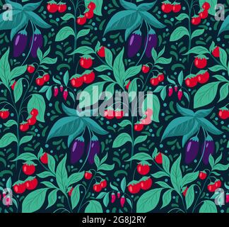 Motivo senza cuciture con verdure, fogliame e decorazione a doodle. Struttura vettoriale con melanzane, pomodori ciliegini, peperoncini su fondo scuro. NAT Illustrazione Vettoriale