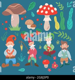 Insieme di vari gnomi, funghi, foglie e fiori isolati dallo sfondo. Cartoni animati disegnati a mano carattere fata ed elementi della natura. Leprechauns Illustrazione Vettoriale
