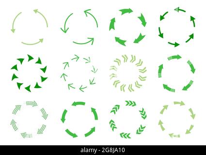 Frecce circolari colore verde piatto, spessore diverso. Simbolo di caricamento e riciclo. Elementi di progettazione infografica, diagrammi di statistiche delle strategie aziendali. Aggiornamento loop ricarica e set di segni di rotazione. Illustrazione Vettoriale