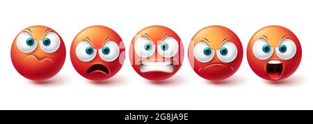 Smile arrabbiato faccia vettore insieme. Smileys emoticon matto, male, arrabbiato e crudele collezione di icone rosse isolato su sfondo bianco per la progettazione di elementi grafici Illustrazione Vettoriale