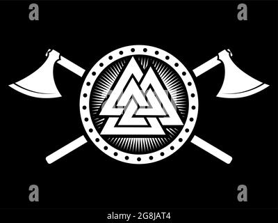 Design vichingo scandinavo. Berserker Warrior Shield e due assi incrociati Illustrazione Vettoriale