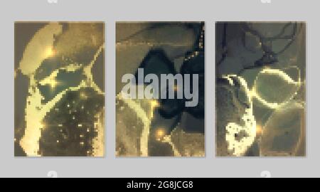 Set in marmo con sfondi in oro, turchese e blu scuro con texture. Motivo Geode con glitter. Retrogiri vettoriali astratti nell'inchiostro alcolico per arte fluida t Illustrazione Vettoriale