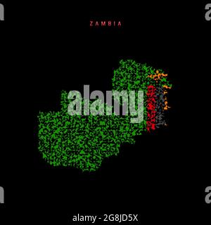 Mappa della bandiera dello Zambia, schema di particelle caotiche nei colori della bandiera dello Zambia. Illustrazione vettoriale isolata su sfondo nero. Illustrazione Vettoriale