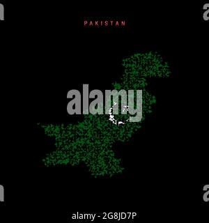 Mappa della bandiera pakistana, schema di particelle caotiche nei colori della bandiera pakistana. Illustrazione vettoriale isolata su sfondo nero. Illustrazione Vettoriale