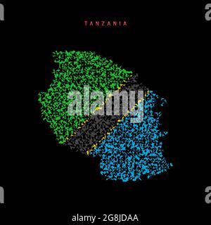 Mappa della bandiera della Tanzania, schema di particelle caotiche nei colori della bandiera della Tanzania. Illustrazione vettoriale isolata su sfondo nero. Illustrazione Vettoriale