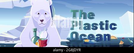 Banner oceanico in plastica con orso polare e immondizia Illustrazione Vettoriale