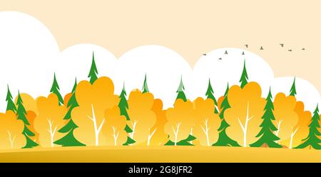 Autunno d'oro nella foresta. Paesaggio rurale. Alberi gialli, abete verde. Gregge di uccelli. Illustrazione vettoriale cartoon per sfondo Illustrazione Vettoriale