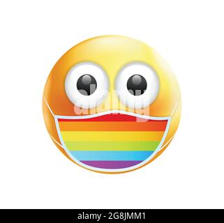 Emoticon di alta qualità su sfondo bianco. Emoji orgoglio. Maschera emoticon. Arcobaleno emoticon. Illustrazione Vettoriale