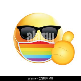 Emoticon di alta qualità su sfondo bianco. Emoji orgoglio. Maschera emoticon. Arcobaleno emoticon. Illustrazione Vettoriale