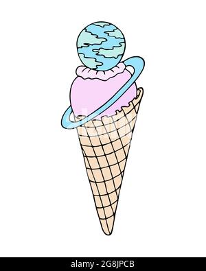 Gelato, doodling colorato in un cono di cialda, colore giallo blu rosa, pianeta Saturno, disegno a mano contorno doodle, isolato, sfondo bianco. Illustrazione vettoriale Illustrazione Vettoriale