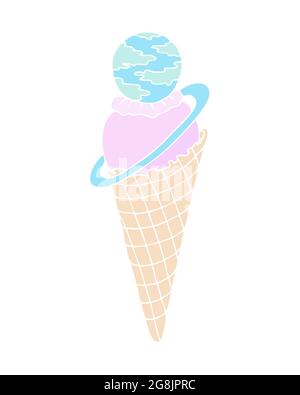 Gelato, nessun contorno colorato in un cono di cialda, colore rosa blu giallo, pianeta Saturno, doodle, isolato, sfondo bianco. Illustrazione vettoriale Illustrazione Vettoriale