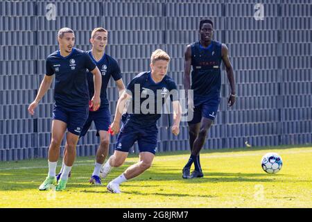 Gianni Bruno di Gent, Jullien De Sart di Gent, Matisse Samoise di Gent e Joseph Okumu di Gent hanno ritratto in azione durante una sessione di allenamento di Jupiler Pr Foto Stock