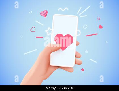 Telefono con la mano e il simbolo del cuore. Concetto di social networking. Illustrazione vettoriale Illustrazione Vettoriale