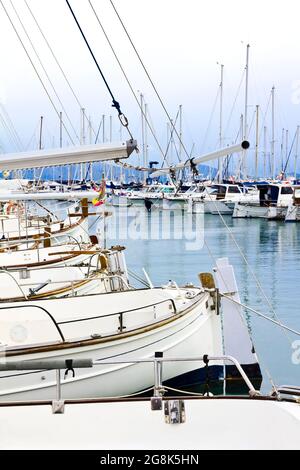 Il porto turistico di Port de Pollenca in una giornata senza vento in inverno, isole baleari di Maiorca o Maiorca. Foto Stock