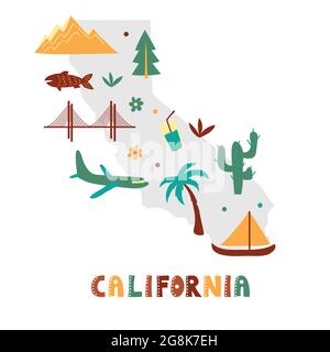 USA mappa raccolta. Simboli di stato e natura sulla silhouette grigia dello stato - California. Cartone animato stile semplice per la stampa Illustrazione Vettoriale