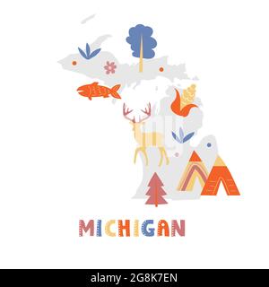 USA mappa raccolta. Simboli di stato e natura sulla silhouette grigia dello stato - Michigan. Cartone animato stile semplice per la stampa Illustrazione Vettoriale