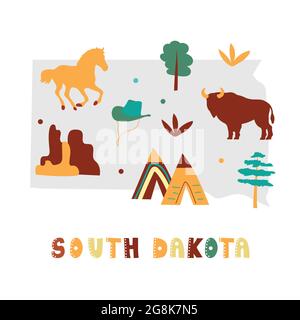 USA mappa raccolta. Simboli di stato e natura sulla silhouette grigia dello stato - South Dakota. Cartone animato stile semplice per la stampa Illustrazione Vettoriale