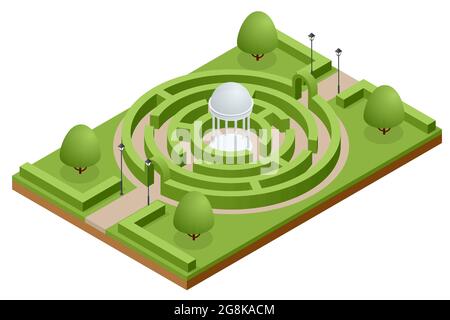 Labirinto isometrico di cespugli nel parco botanico. Green Hedge Maze o Labyrinth. Illustrazione Vettoriale